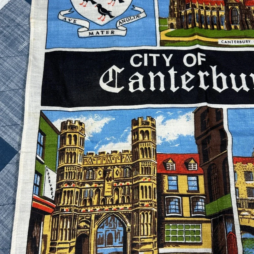 Vintage City of Canterbury Pure Irish Linen Tea Towel Souvenir England Landmarks